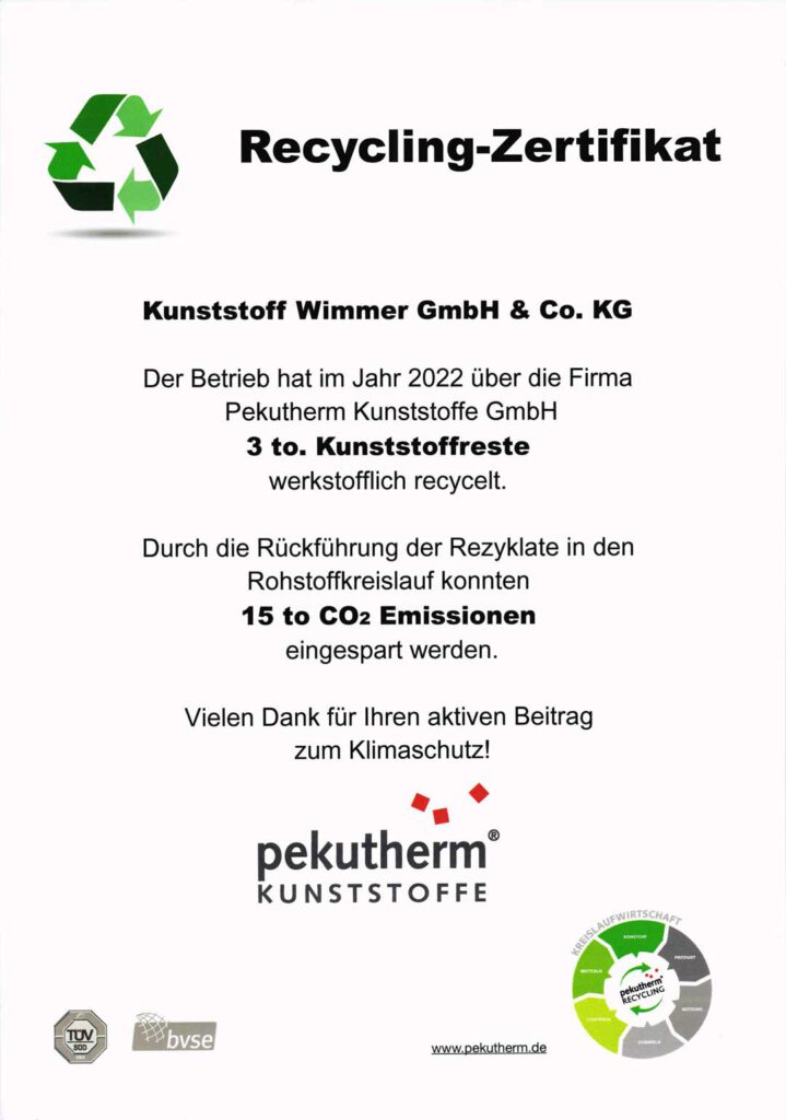 Recycling Zertifikat 2022 Kunststoff-Reste recycelt