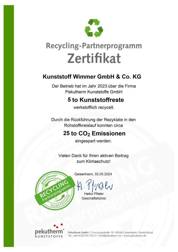 Recycling Zertifikat 2023 Kunststoff-Reste recycelt